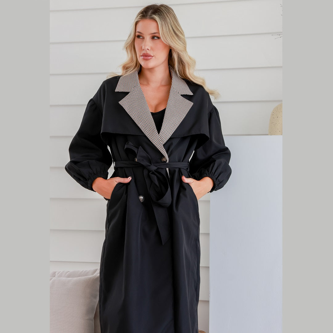 Dreamhouse Chloe Gingham Trench Coat - Black from My Sister Elle Clothing